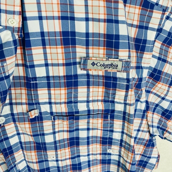 Columbia PFG Blue White Orange Plaid Print Short Sleeve Fishing Shirt Size Large - Picture 2 of 4